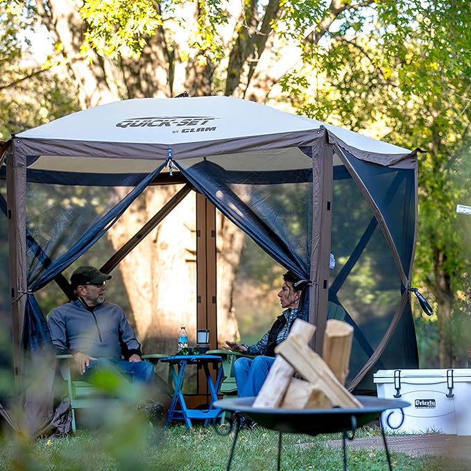 CLAM Venture 9 x 9 Foot Portable Outdoor Gazebo Canopy Camping Tent Shelter, with 3 Wind and Sun Panels and Carry Bag Accessory, Brown