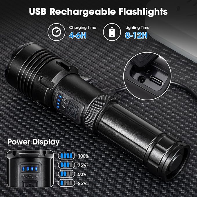 Flashlights 990,000 High Lumens 2 Pack, Super Bright LED Rechargeable Flashlight, 5 Modes, IPX7 Waterproof Flah Light for Emergencies, Camping