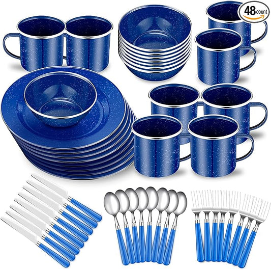 48 Pcs Enamel Camping Tableware Set for 8 Includes 12 oz Enamel Coffee Mugs 10.5 Inch Camping Plates 6 Inch Bowls and Camping Utensils Set Includes Knife Fork Spoon for Camping Outdoor RV