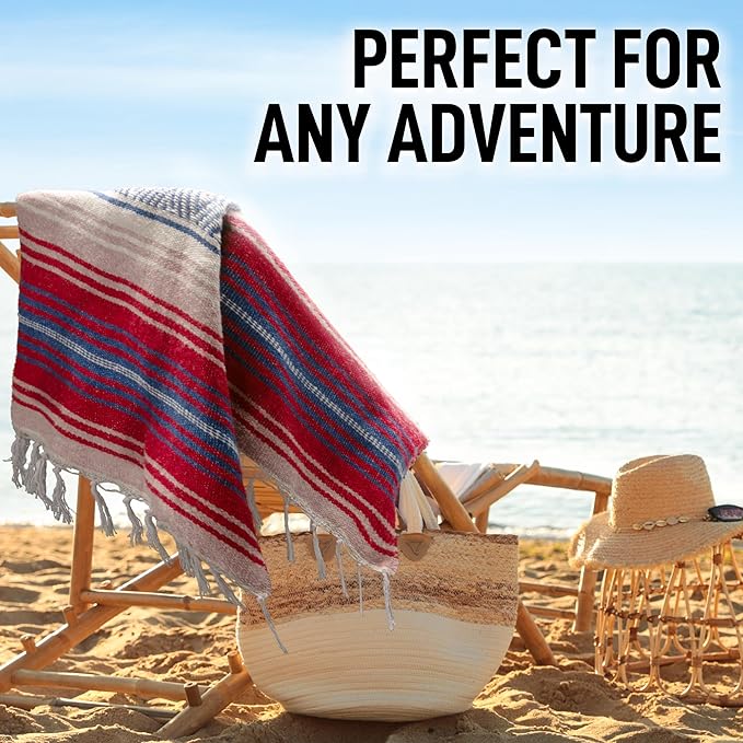 Authentic Large Handwoven Mexican Blanket - Soft Yoga Blanket - Durable Serape Blanket - Lightweight Falsa Blanket, Beach Blanket, Camping Blanket, Picnic Blanket, Outdoor Blanket 70"x50" - Coral