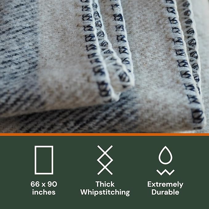Woolly Mammoth Merino Wool Blanket- 66" x 90" 4 lbs Thick, Outdoor/Indoor Throw for Campfire, Picnic, Beach, Van Life, Home- Farmhouse Collection Heavy Duty Insulating Sleep Plaid, Navy/Cream Stripe