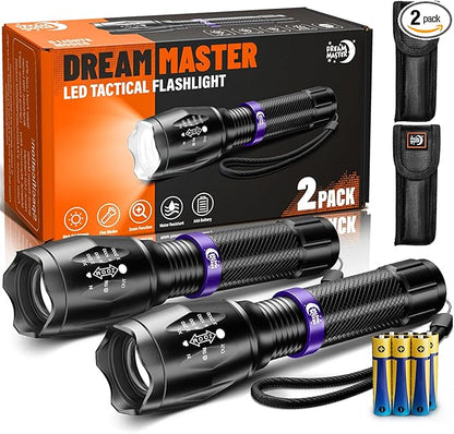 2 Pack LED Flashlights High Lumens with 6 AAA Batteries, 5 Modes Mini Waterproof Tactical Flashlight for Camping Hiking, Bright Flashlight with Zoomable, Fathers Day Dad Gifts for Him, Black & Purple