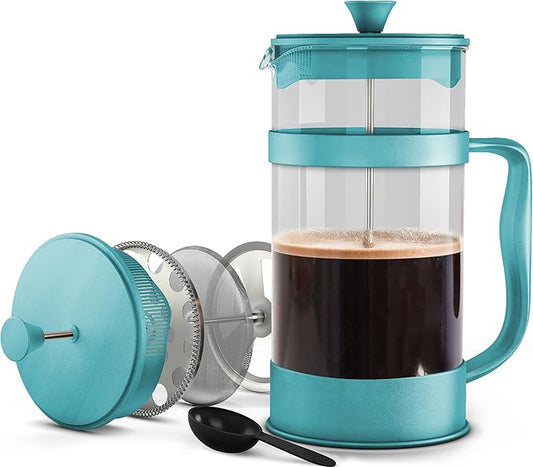 Utopia Kitchen French Press Espresso and Tea Maker with Triple Filters, Stainless Steel Plunger and Heat Resistant Borosilicate Glass (Aqua, 34-oz (Pack of 1))