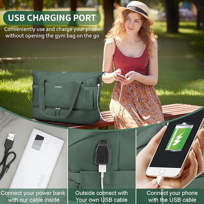 ETRONIK Gym Bag for Women, 47L Carry On Travel Duffel Bag with Shoes Compartment, Weekender Overnight Bag with Wet Pocket & USB Charging Port for Women, Travel, Gym, Weekend, Large Size (Dark Green)