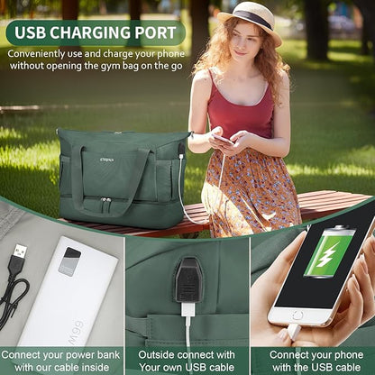 ETRONIK Gym Bag for Women, 47L Carry On Travel Duffel Bag with Shoes Compartment, Weekender Overnight Bag with Wet Pocket & USB Charging Port for Women, Travel, Gym, Weekend, Large Size (Dark Green)