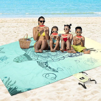 Lightweight Beach Blanket - Oversized 107" x 77" - Waterproof Sandproof - Double Anchored for Fun Leisure Beach Blanket - with Stake and Pouch - Durable Sand Beach Mat