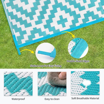 Outdoor Patio Plastic Straw Rug - 6'x9' Outdoor Camping Rug Waterproof Reversible, Area Carpet Patios Clearance RV, Outside Porch Balcony Deck for Camper, Blue & White