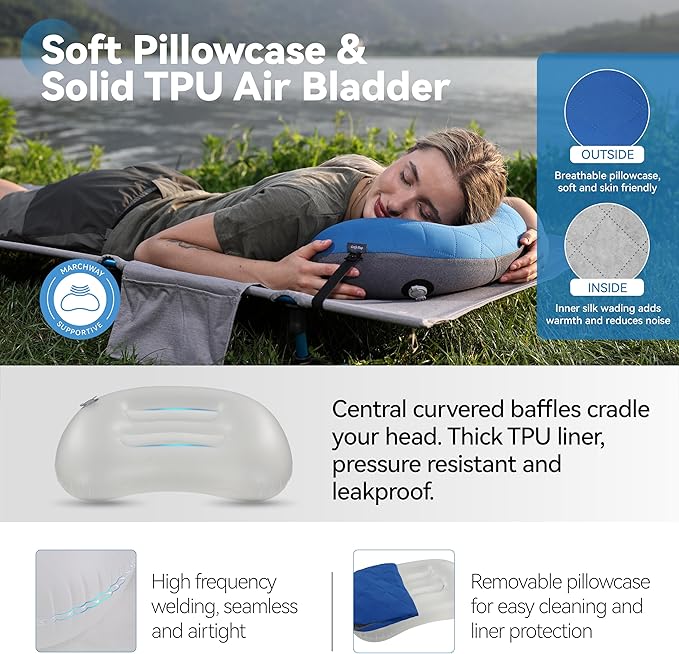 MARCHWAY Ultralight Inflatable Camping Pillow with Soft Washable Cover, Compact Compressible Portable Travel Air Pillow for Outdoor Camp, Sport, Hiking, Backpacking Sleep (Blue)
