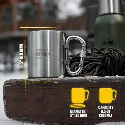 M-Tac 9.5oz Insulated Thermal Cup Mug - Double Wall Stainless Steel Thermo Tumbler with Collapsible Carabiner Handle - No Lid