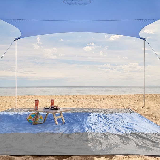 WEKAPO Beach Tent Sun Shelter - Easy Setup Beach Canopy with 4 Sturdy Poles, Extra Large Sandbags and Shovel, 7'8'' Tall, Windproof Sun Shade for Backyard and Camping, UPF 50+ Protection