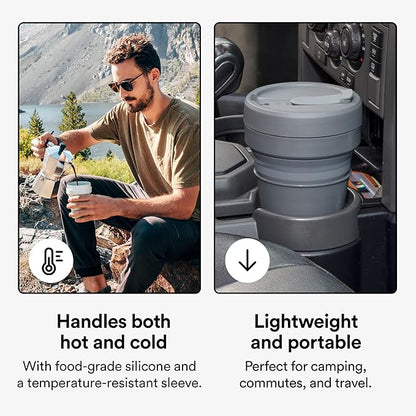 STOJO Titan Collapsible Travel Cup With Straw - Carbon Gray, 24oz / 710ml - Reusable To-Go Pocket Size Silicone Cup for Hot & Cold Drinks - Camping and Hiking - Microwave & Dishwasher Safe