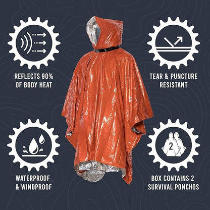 Go Time Gear Emergency Survival Life Poncho 2 Pack - Thermal Use in Camping, Survival Gear - Includes Whistle & Paracord