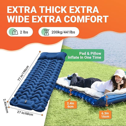 KingCamp Sleeping Pads for Camping, Self Inflating Camping Mattress with Built-in Foot Pump, Connectable Durable Inflatable Sleeping Mat with Pillow, Compact Camping Air Mattress for Camping Hiking