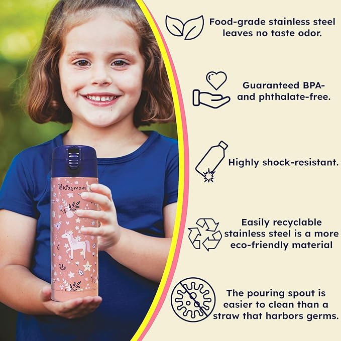 Stainless Steel Water Bottle Kids 12 oz With Carrying Pouch| Insulated Water Bottle For Kid, Toddler, Girls or Teen | Leakproof, BPA-Free |Little Metal Tumbler for School, Pink Unicorn Girl
