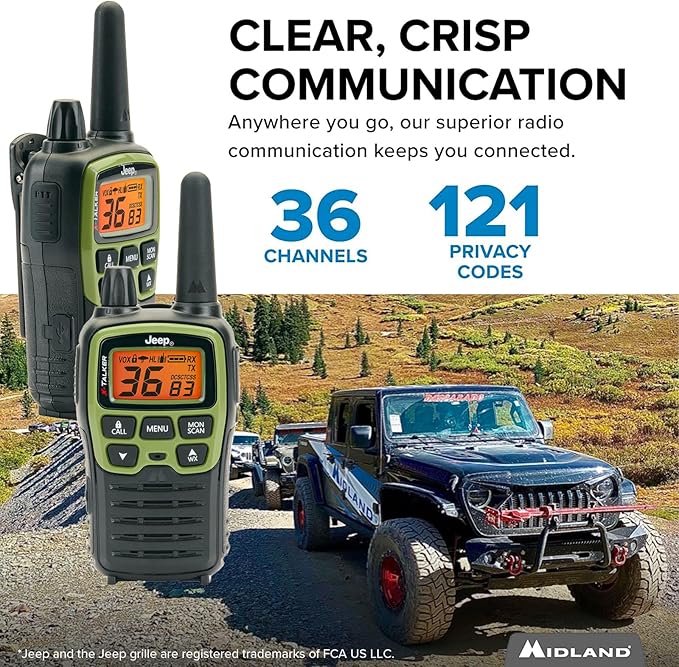 Midland - T77VP5J FRS Jeep® X-TALKER Extreme Dual Pack - 22 Channels, 121 Privacy Codes, Water Resistant - Clear Communication with Weather Alert - Jeep® Branded Carrying Case & Headset Included