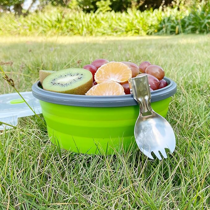1200ml Collapsible Camping Bowl Silicone Food Storage Container with Lid and Foldable Stainless Steel Fork Spoon, for Picnic, Travel, Camping, RV, Fridge and Microwave Bowls