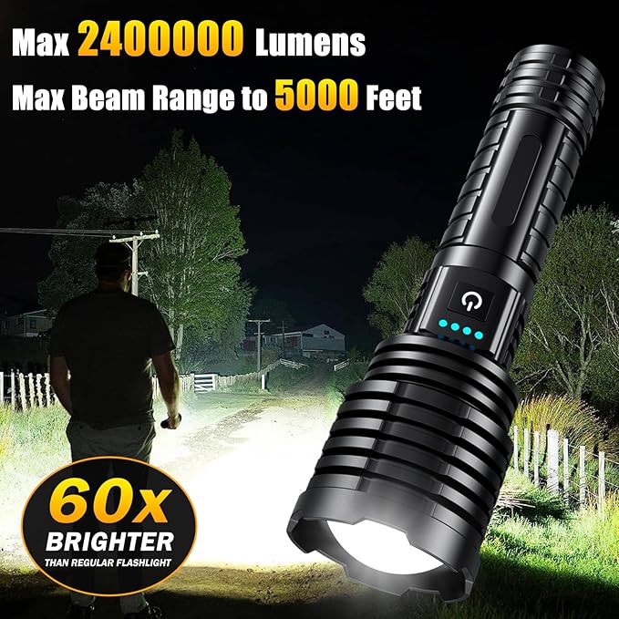 Rechargeable Flashlights 2400000 High Lumens,Super Bright LED Flashlight for Home Emergency, Waterproof Handheld Flashlights with Pouch, 5000mAh Battery, Spotlight and Floodlight Function