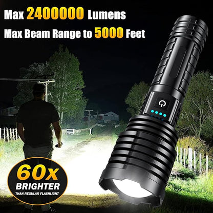 Rechargeable Flashlights 2400000 High Lumens,Super Bright LED Flashlight for Home Emergency, Waterproof Handheld Flashlights with Pouch, 5000mAh Battery, Spotlight and Floodlight Function