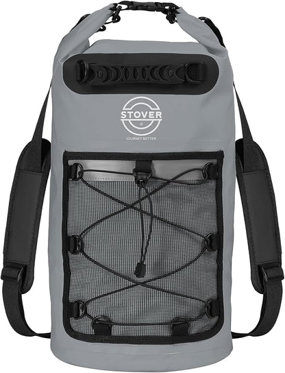 STOVER 5/10/25/30/40/55L Waterproof Dry Backpack- Medium Floating Dry Bag for Kayaking, Travel, Tubing, Hiking, Fishing, Camping, Motorcycles & the Beach, Heavy-Duty Roll Top Men/Women (Grey)