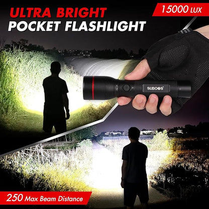 SUBOOS X50 Pro LED Rechargeable Flashlight, Super Bright 15000 Lux, Long Lasting, USB-C, Compact, Heavy Duty, Tactical 5 Modes, 250M Range, Small Wateproof Flash Light for Fishing, Camping