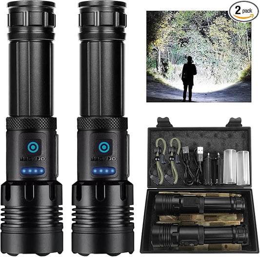 Rechargeable LED Flashlights High Lumens, 900,000 Lumens Super Bright Flashlights with 7 Lighting Modes, Long Lasting and Water Resistance, Powerful Flashlights for Home Camping Hiking(2 Pack)