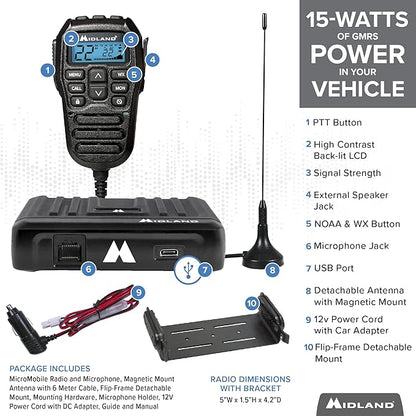 Midland – MXT275VP4-15 Watt GMRS MicroMobile® Two-Way Radio - ATVs UTVs and other off-road vehicles - Overlanding Gear - Extended 3dB gain Roll Bar Mount Antenna Microphone Extension Cable
