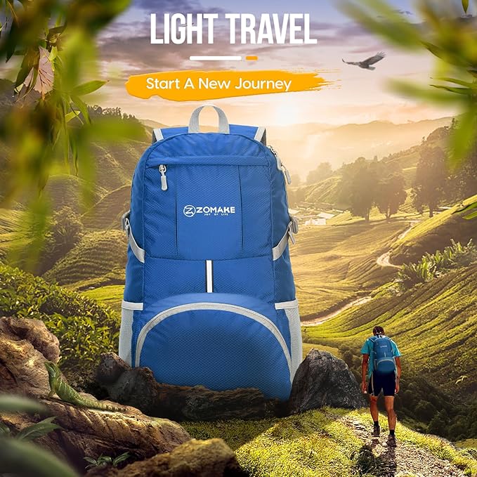 ZOMAKE Lightweight Packable Backpack 35L - Light Foldable Backpacks Water Resistant Collapsible Hiking Backpack - Compact Folding Day Pack for Travel Camping(Dark Blue)