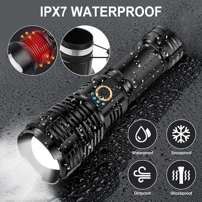 Flashlights High Lumens, LED Flashlight Rechargeable Super Bright 40000 Lumens XHP70.2, High Power Tactical Flashlights, Powerful Handheld Emergency Flashlight for Camping Hiking Gift