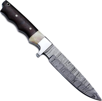 Handmade Damascus Steel Bowie Knife for Hunting, Survival, and Camping,bushcrafting and Fishing - Full Tang Micarta Handle, Fixed Blade with Flat Edge, Cowhide Leather Sheath WKD-794