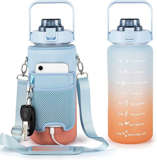 64oz Half Gallon Water Bottle With Sleeve, Water Bottles with Time Marker/Straw/Chug One Lids, Leakproof Tritan BPA Free Reusable Water Jug Easy Carry for Adult and Kids Gym Sports Outdoors