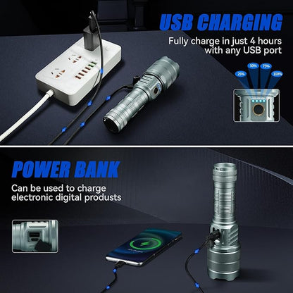 Flashlights High Lumens 900000 LED Rechargeable Tactical Flashlight Zoomable 3 Modes Fast Charging IPX6 Waterproof Super Bright Handheld Flashlights for Camping Hiking Outdoor and Gift