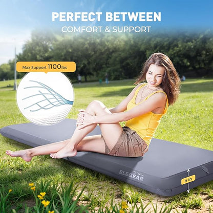 Elegear FiberAir Camping Sleeping Pad, 1100lb Ultra-Support Inflatable Sleeping Pad with Multi-Function Electric Pump, 4’’ Ultra-Thick Camping Air Mattress Pad for Camp/Backpacking/Hiking/Tent/Home