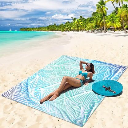 Beach Blanket Waterproof Sandproof Beach Mat 79”x 83” for 1-4 Adults Quick Drying Durable Outdoor Picnic Mat for Beach Festival Travel Camping Hiking (Gradiant Blue-Ripple, 79"×83"(4 Person))