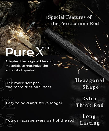 Hexa Fire Starter - Hexagon Ferro Rod with 6 Wide Striking Surfaces - 1/2" Thick Fire Steel - 20,000+ Strikes - Survival Igniter with Leather Neck Lanyard & Big Striker