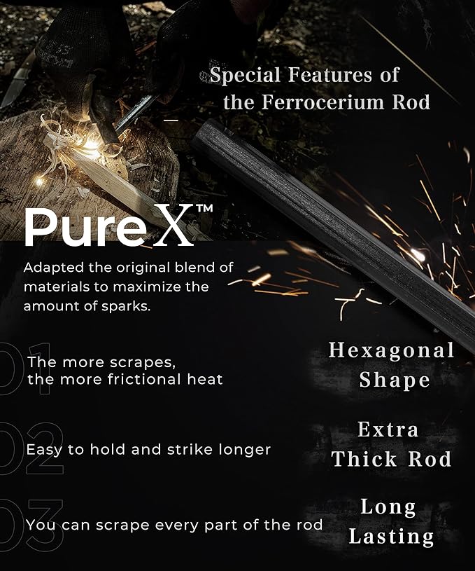 Hexa Fire Starter - Hexagon Ferro Rod with 6 Wide Striking Surfaces - 1/2" Thick Fire Steel - 20,000+ Strikes - Survival Igniter with Leather Neck Lanyard & Big Striker