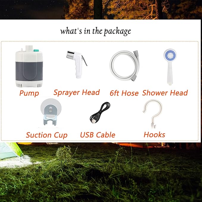 Portable Shower for Camping, Portable Camping Shower, Rechargeable Portable Outdoor Shower Head with Hose, 2 Travel Shower Heads, 6ft Hose