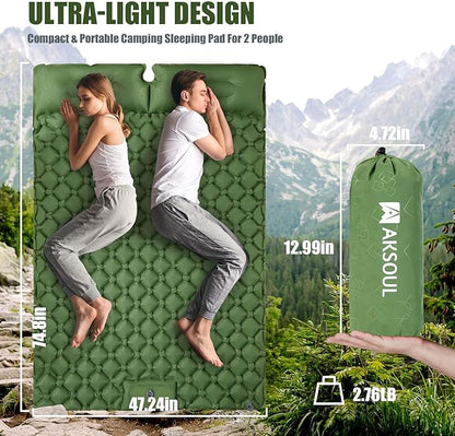 AKSOUL Double Camping Inflatable Sleeping Pad : Ultralight 2 Persons Backpacking Self Inflating Mat with Pillow, Lightweight Wide Compact Sleep Air Mattress for Camp, Family Travel,Hiking