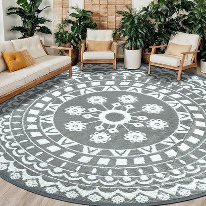 Capslpad 10Ft Round Outdoor Rug for Patios Clearance Reversible Mat Plastic Straw Patio Rugs Lightweight RV Camping Mat Circle Outside Area Rug Carpet for Balcony Deck Trailer Picnic BBQ, Grey
