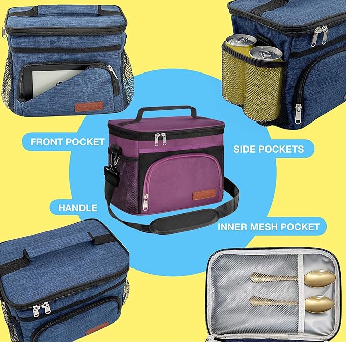 ExtraCharm Insulated Lunch Bag for Women/Men - Reusable Lunch Box for Office Picnic Hiking Beach - Leakproof Cooler Tote Bag Organizer with Adjustable Shoulder Strap for Adults