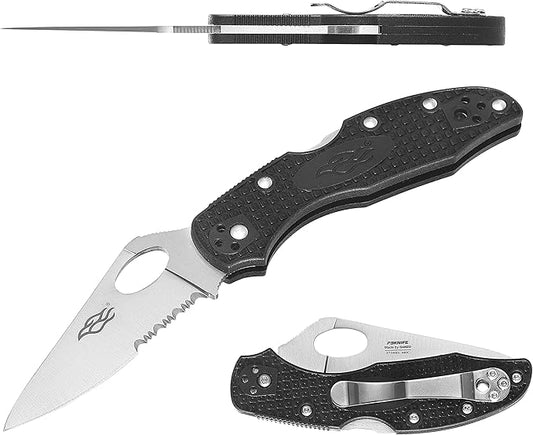 Firebird GANZO F759MS-BK Serrated Blade Pocket Folding Knife 440C Stainless Steel Serrated Blade Nylon Glass Fiber Anti-Slip Handle with Clip Fishing Camping EDC Knife (Black)