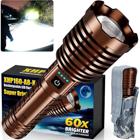 Super Bright Rechargeable LED Flashlights, True 2500000 High Lumens, Powerful Tactical Flashlight Up to 25H Long Battery Life |Zoomable|5Light Modes|IP67 Water Resistant for Camping (Brown)
