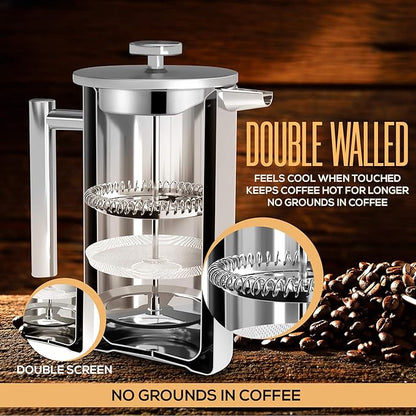 Utopia Kitchen Stainless Steel French Press Coffee Maker 34 Oz (1 Litre) with 2 Extra Filters, French Press Coffee & Tea Maker for Kitchen & Camping, Cold Brew Cafetiere, Silver