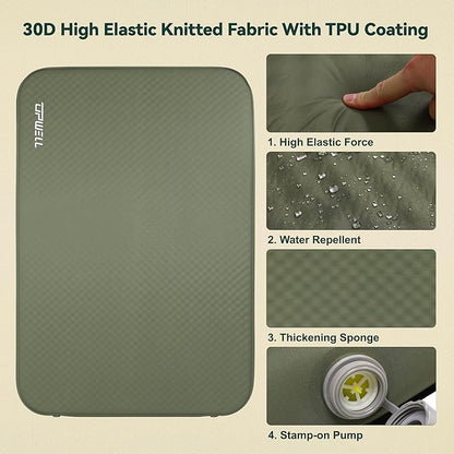 UPWELL Self Inflating Sleeping Pad 4.5" Thickness Camping Mattress with Solid Foam Double Sleeping Mat Portable Fast Inflation for Outdoor Mat Portable Roll Up Bed Green