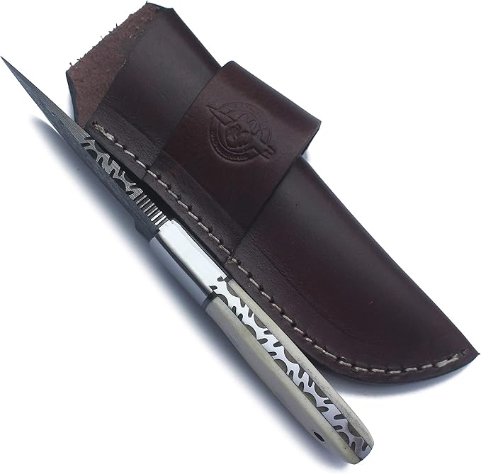 Handmade Damascus Steel Fixed Blade Bowie Knife Ideal for Edc,Fishing,Hunting,Camping,Bushcrafting Skinning and Survival with Full Tang Camel Bone Handle with Cowhide-Leather Sheath-DCX17-7