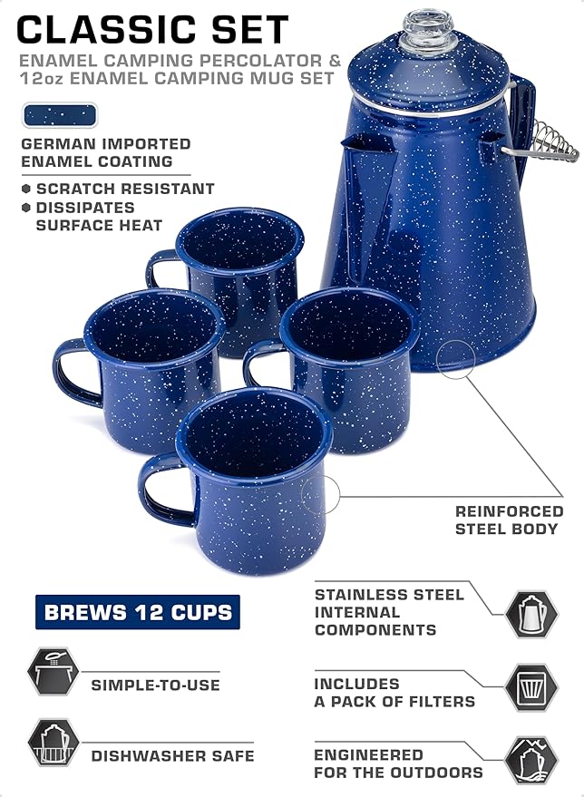 COLETTI Classic Percolator Coffee Pot & Enamel Mug Set — Camping Coffee Pot, Enamel Coffee Mug – Complete Nostalgic Bundle – German Imported Enamel Powder [Blue, 12 Cup] [12 oz, Set of 4]