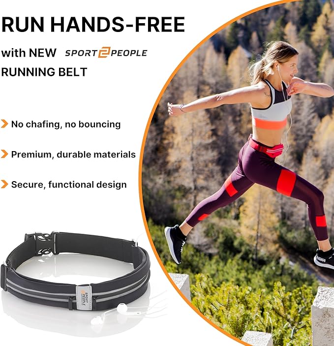 Slim Running Belt for Women and Men, Waterproof Phone Holder for Running, Reflective 2-Pocket Waist Pack for Storing Runner’s Essentials Safely, Runner’s Fanny Pack, Money Belt Fits Most Phones