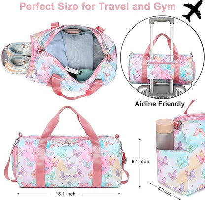 Butterfly Girls Sports Duffle Bag with Wet Pocket, Shoe Compartment & Overnight Travel Bag (Pink)