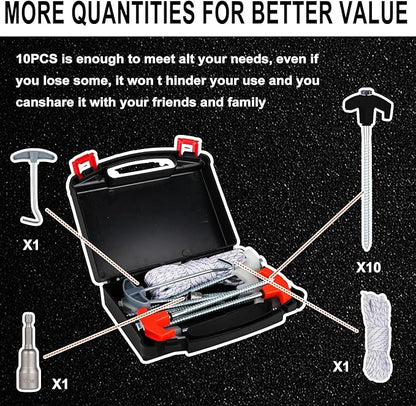 10PCS Screw in Tent Stakes Heavy Duty,8 Inch Screw in Tent Pegs,Metal Camping Stakes,with Hex Head Driver,Nail Lifter,Ropes,Camping Tent Accessories,Black