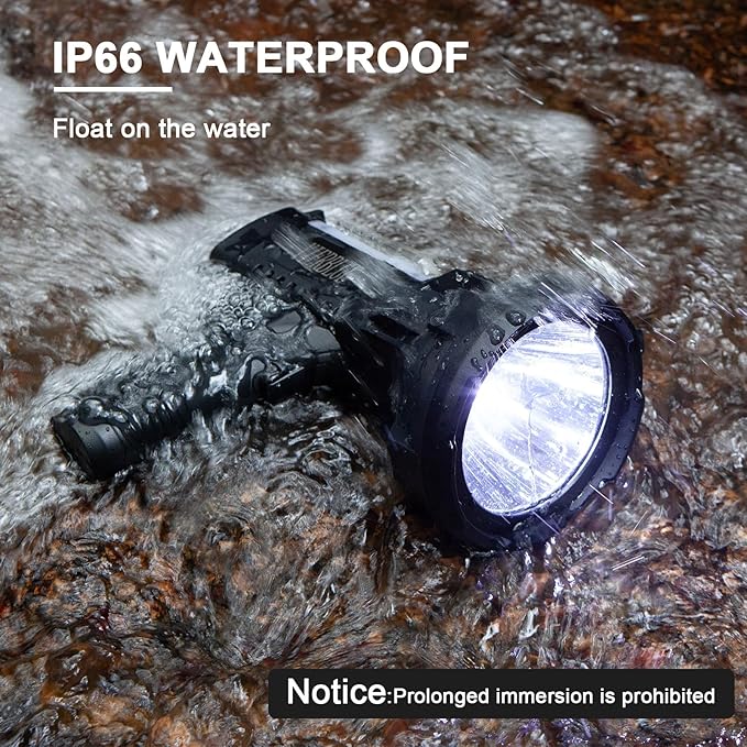 YIERBLUE Rechargeable Spotlight Flashlight 900000 High Lumen with Side Flood Light, IP66 Waterproof Spot Lights 20 Hours Long Lasting, with Foldable Stand and Detachable Red Filter