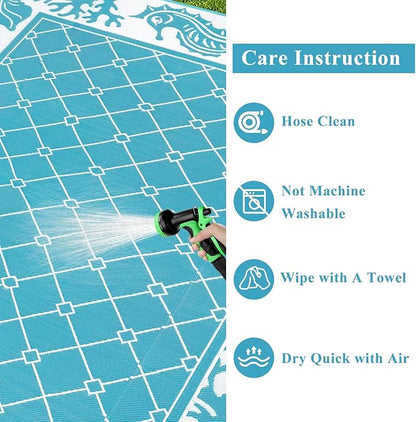 Vaukki Reversible Rugs, Plastic Straw Outdoor Doormat, Fade Resistant Plastic Outdoor Patio Mat, Lightweight Ocean Area Carpet for Patio, RV, Camping, Beach, Deck, Backyard and Picnic (Teal, 9'x12')